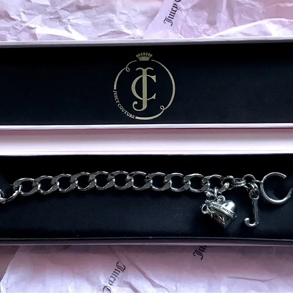 RARE VINTAGE Juicy Couture Silver Chain Link Bracelet w/rare heart bow charm - Picture 2 of 5